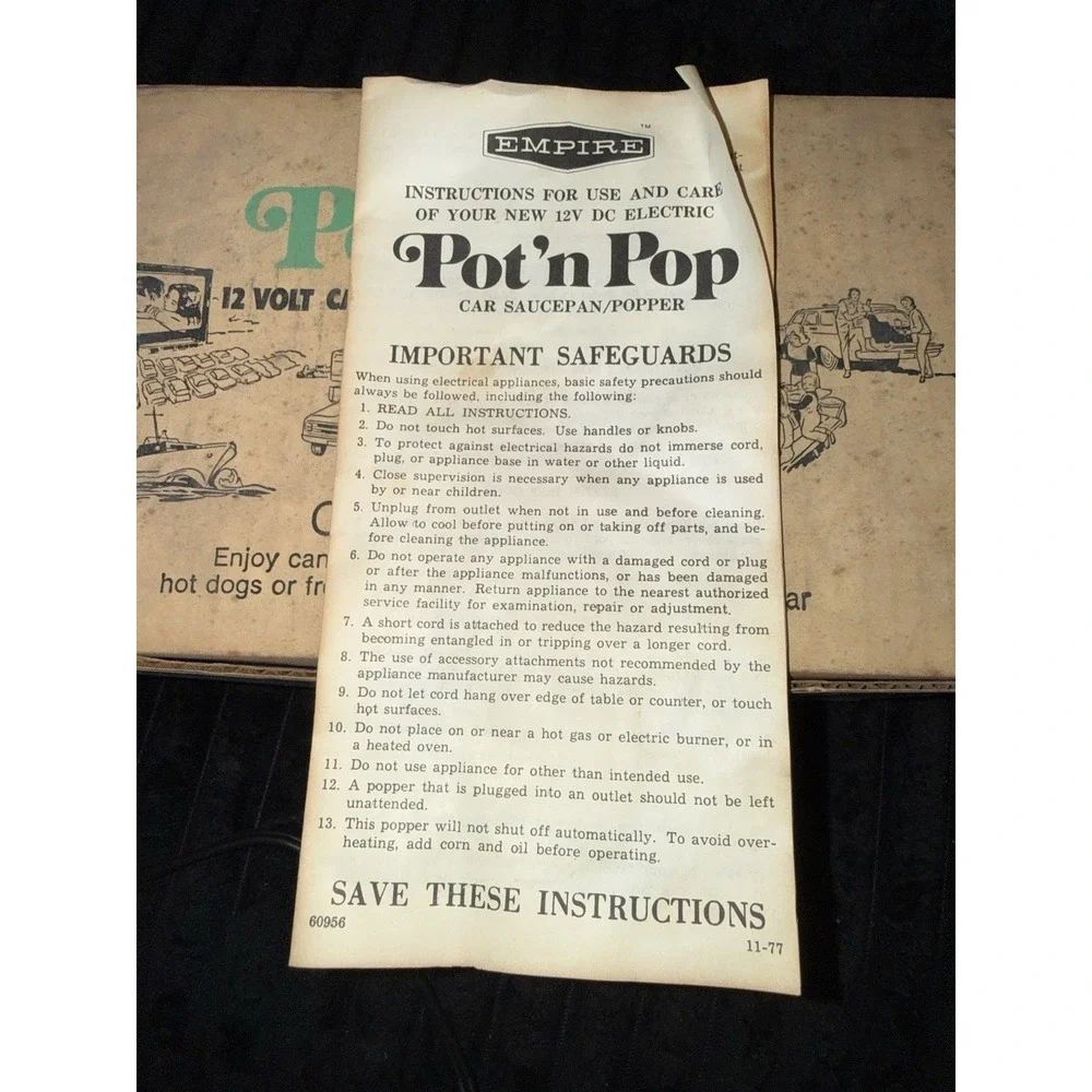 Vintage Travel-Mates Pot 'n Pop 12V Electric Saucepan‎ Popcorn Maker Empire 70s